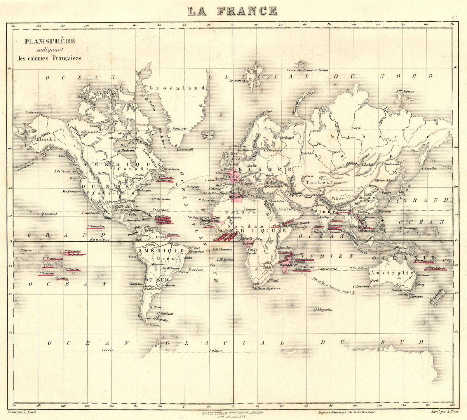 WORLD. Indiquant les colonies Françaises. Vuillemin. 1903 old antique map